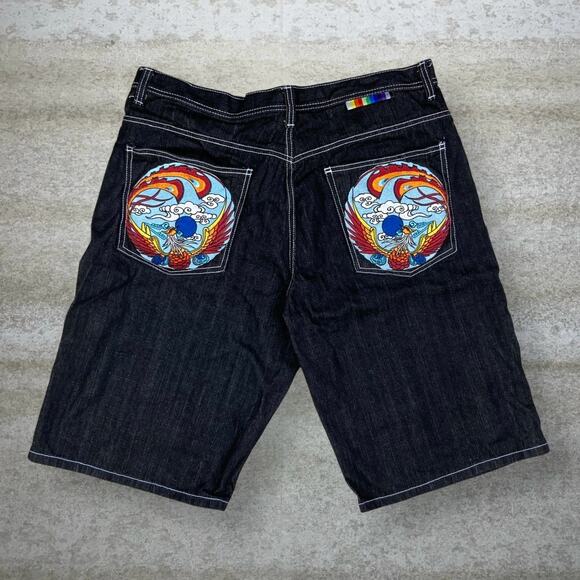 Vintage Skater Wide Leg Jean Shorts Jet Black Wash Baggy Denim 14" Inseam Y2K